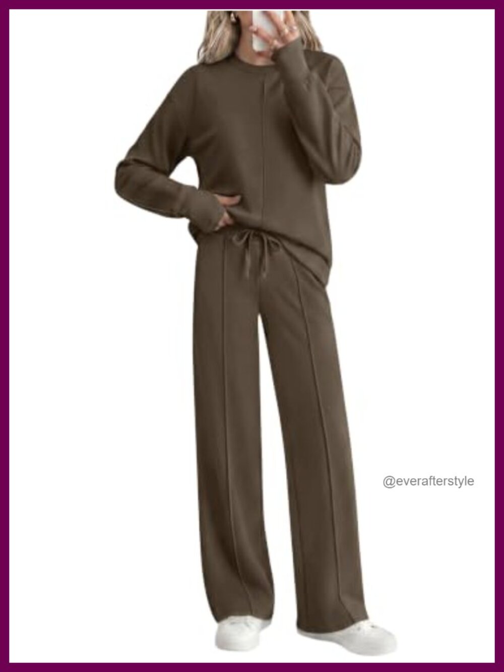 Women's 2 Piece Lounge Set Wide Leg Pants Crew Neck Long Sleeve Thumbholes